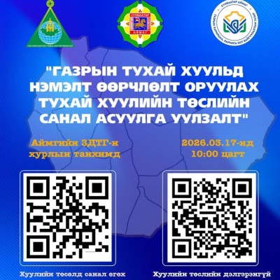 ГАЗРЫН ТУХАЙ ХУУЛЬД НЭМЭЛТ, ӨӨРЧЛӨЛТ ОРУУЛАХ ТУХАЙ ХУУЛИЙН ТӨСЛИЙН ХЭЛЭЛЦҮҮЛЭГ СҮХБААТАР АЙМГИЙН  11 СУМАНД ЗОХИОН БАЙГУУЛАГДЛАА Газрын тухай хуульд нэмэлт, өөрчлөлт оруулах тухай хуулийн төслийн хэлэлцүүлэг 2026 оны 03 дугаар сарын 17- ны өдөр Асгат, Бар | HuduuMN
