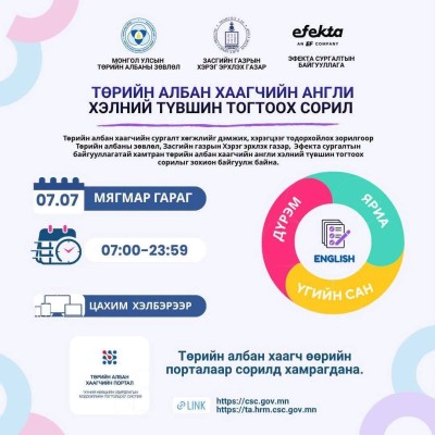 ТӨРИЙН АЛБАН ХААГЧИЙН АНГЛИ ХЭЛНИЙ ТҮВШИН ТОГТООХ СОРИЛ | HuduuMN