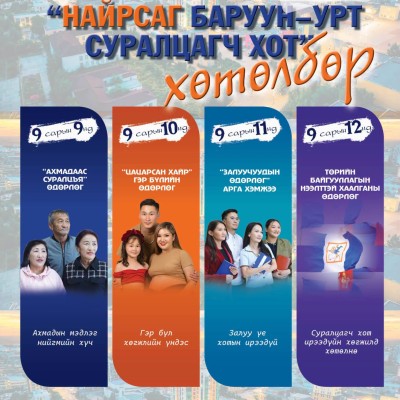 “НАЙРСАГ БАРУУН-УРТ - СУРАЛЦАГЧ ХОТ” хөтөлбөр нээхэд 2 хоног үлдлээ Жил бүр уламжлал болгон зохион байгуулагддаг НАЙРСАГ БАРУУН-УРТ  өдөрлөг маань хүрээгээ тэлж СУРАЛЦАГЧ ХОТ болохоор зорьж байна.  - 9 сарын 9-нд “Ахмадаасаа суралцъя”өдөрлөг - 9 сарын 10- | HuduuMN