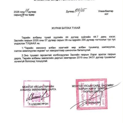 "Төрийн жинхэнэ албан хаагчийг өөр албан тушаалд шилжүүлэх, сэлгэн ажиллуулах журам" шинэчлэгджээ. | HuduuMN
