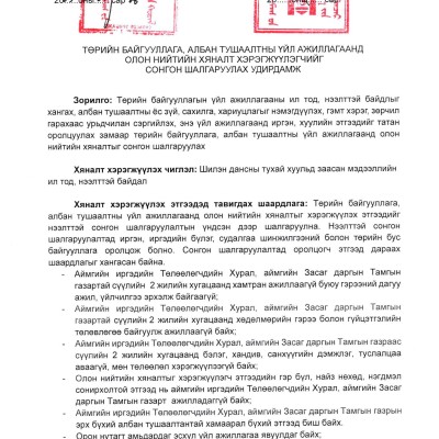 Засгийн газрын 2021 оны 109 дүгээр тогтоолоор батлагдсан "Төрийн байгууллага, албан тушаалтны үйл ажиллагаанд олон нийтийн хяналтыг хэрэгжүүлэх журам"-ын дагуу Шилэн дансны тухай хуульд заасан мэдээллийг ил тод, нээлттэй байдал чиглэлээр Төрийн байгууллаг | HuduuMN