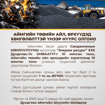 АЙМГИЙН ТӨВИЙН АЙЛ, ӨРХҮҮДЭД  ХӨНГӨЛӨЛТТЭЙ ҮНЭЭР НҮҮРС ОЛГОНО        Аймгийн Засаг дарга Самданнямын МӨНХЧУЛУУНЫ хүсэлтээр “Энержи ресурс” ХХК  Дундговь-Ус ОНӨААТҮГ-т 10 мянган тонн, Аймгийн төвийн айл өрхүүдийн хэрэглээнд 10 мянган тонн угаасан нүүрсний  | HuduuMN