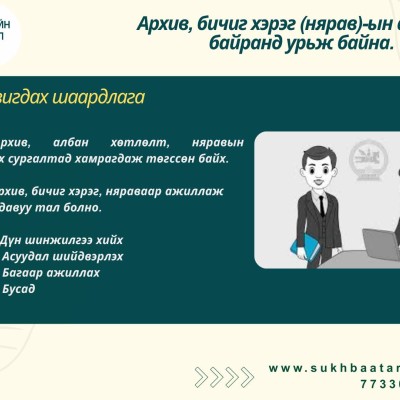 АРХИВ, БИЧИГ ХЭРЭГ (НЯРАВ)-ЫН АЖЛЫН БАЙРАНД УРЬЖ БАЙНА. 📝АЛБАН ТУШААЛЫН ЗОРИЛГО: Стандарт хэмжил зүйн хэлтсийн архив, албан хэрэг хөтлөлт, үндсэн хөрөнгө, хангамжийн материал, үнэт цаас, гэрчилгээ, тооцоот баримтын зарцуулалт, хадгалалт, хамгаалалт, ашиг | HuduuMN