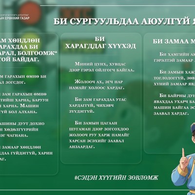 БИ СУРГУУЛЬДАА АЮУЛГҮЙ ЯВДАГ🥰 ✅Би замаа мэднэ 🔸Би хамгийн аюулгүй, гэрэлтэй замаар алхдаг.  🔸Би замын хажууд тоглодоггүй, зөвхөн явган хүний замаар явдаг. 🔸Би байрны дундуур явахдаа ухарч байгаа машин байгаа эсэхийг заавал хардаг. ✅Зам хөндлөн гарахда | HuduuMN